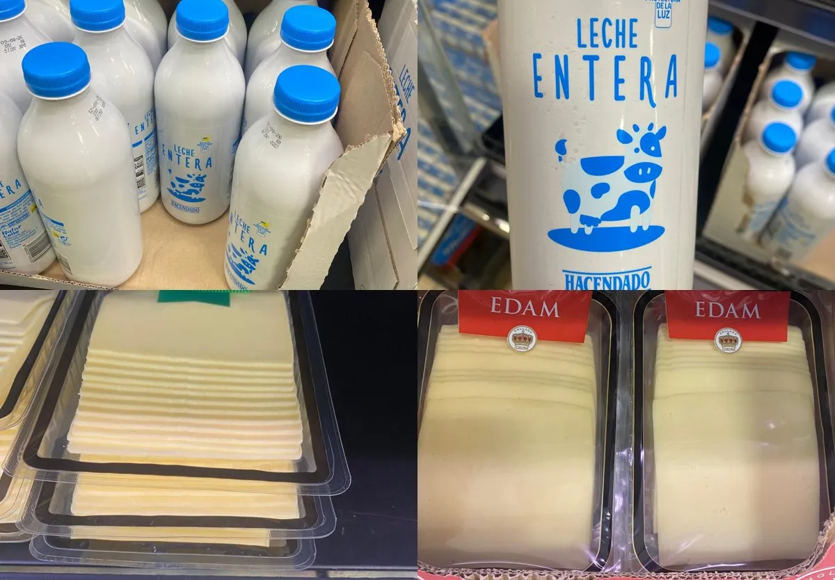 Linksboven leche fresca, rechtsboven leche entera, linksonder gouda, rechtsonder edam.