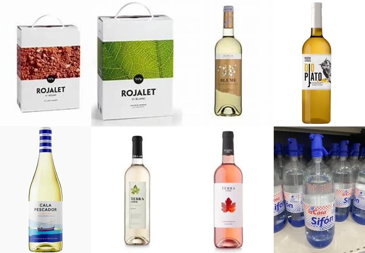 Boven Rojalet rood, Rojalet wit, Blume Gold en Ojo Plato; onder Cala Pescador, Terra Càlida wit en rosé, en de sifón.