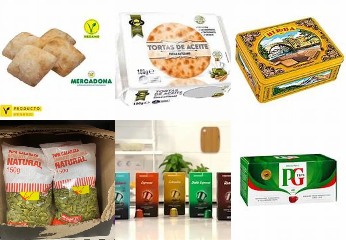 Boven pa de vidre, tortas de aceite en Birba; onder pipas de calabaza, koffiecups en PG Tips.
