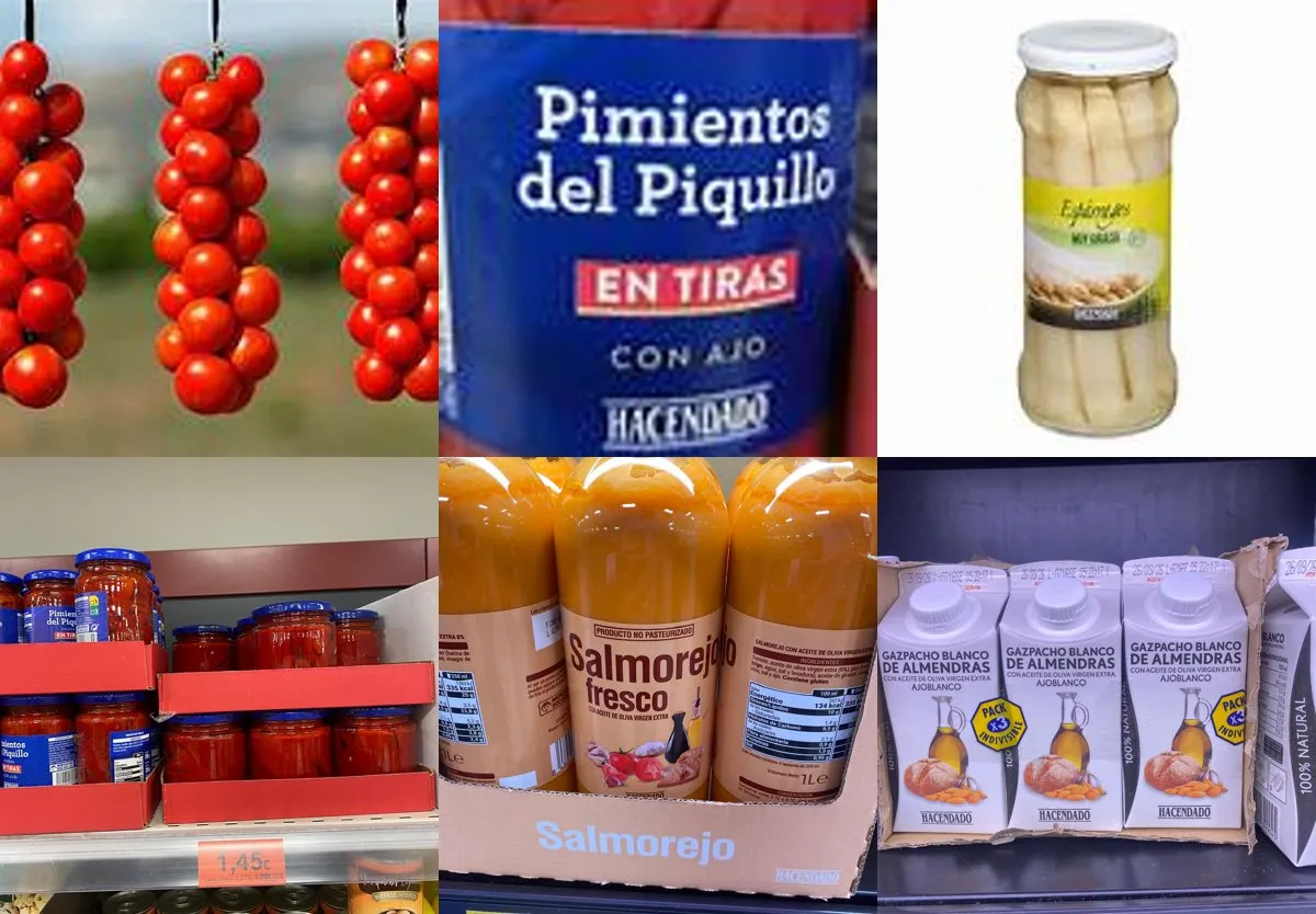 Boven tomàquet de penjar, pimientos del piquillo en espárragos blancos; onder pimientos rojos, salmorejo en gazpacho blanco de almendras.